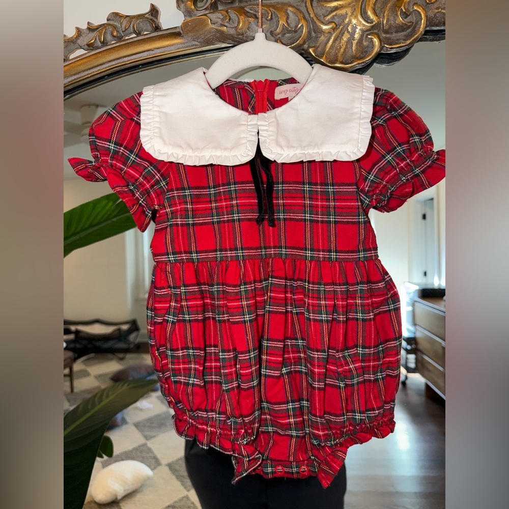 Red Plaid Romper with White Collar and black bow- perfect for Christmas! NWT